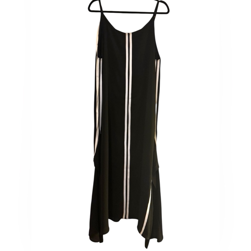 ELISE BLOOM Black & White Double Stripe Asymmetric Pleated Sides Maxi Dress Sz M - Picture 3 of 6
